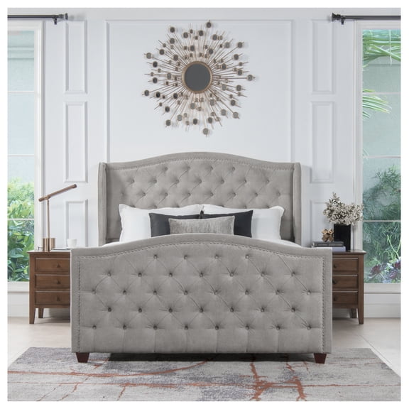 Marcella Upholstered Shelter Headboard Bed Set, Queen, Silver Grey Polyester, Box Spring Required