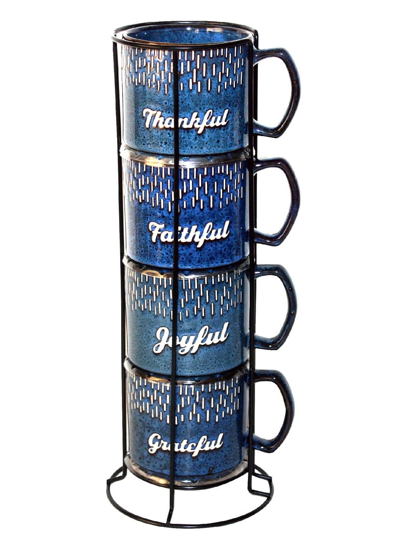 Marcelle 4 Pc 14oz Stackable Ceramic Coffee Mugs with Holder Rack