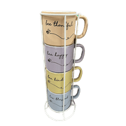 Marcelle, 4 Pc Stackable 14oz Multi-Color Ceramic Coffee Mug Set with a Metal Counter Top Stand, Tower Mug Set