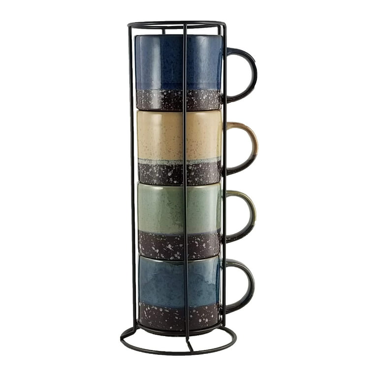 Set of 4 Coffee Mugs with Metal Stand, 15 Oz Stackable Espresso Cups  Ceramic Cof