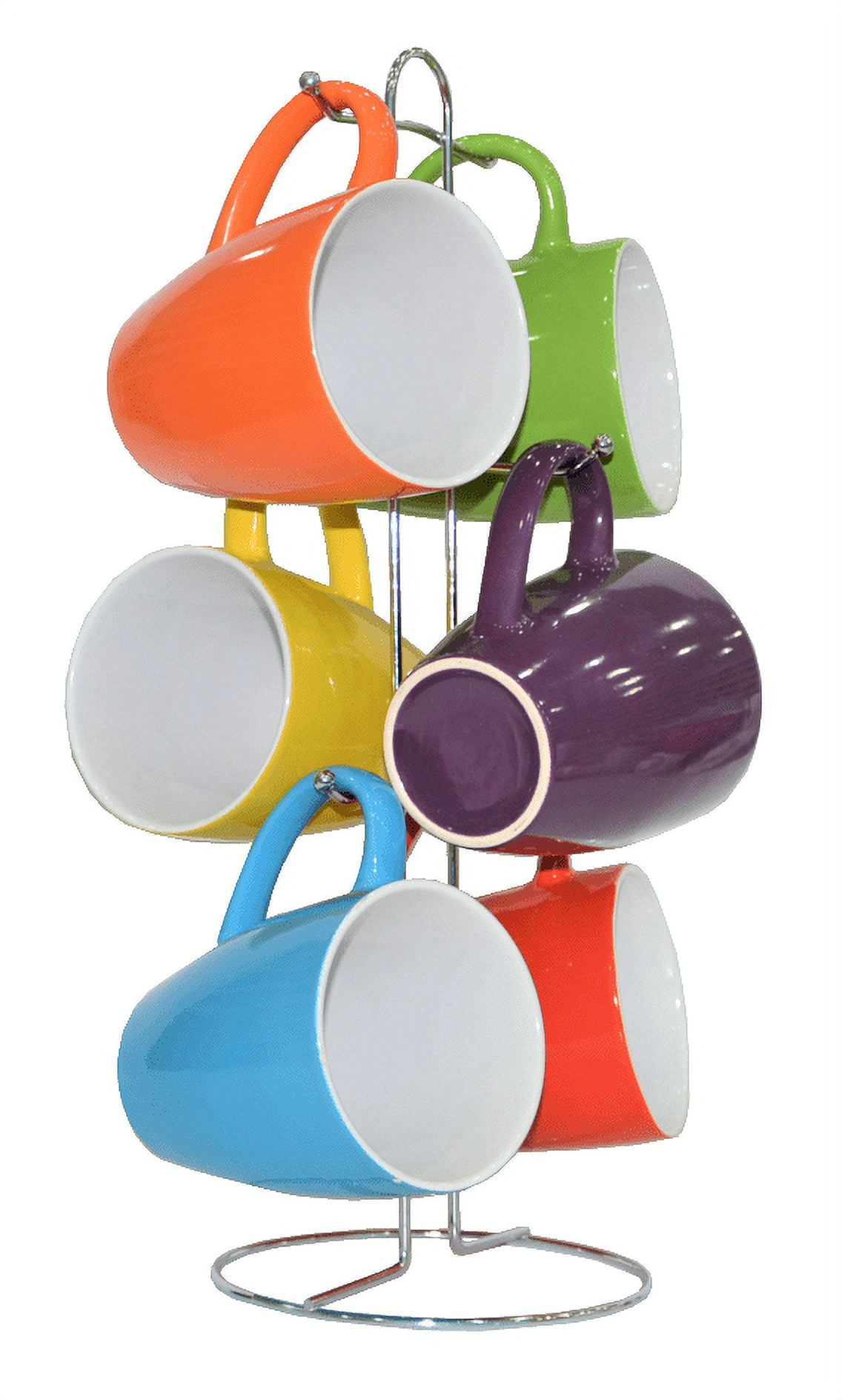 Vibrant Multicolor Ceramic Coffee Mug Set with Metal Stand, 15 oz