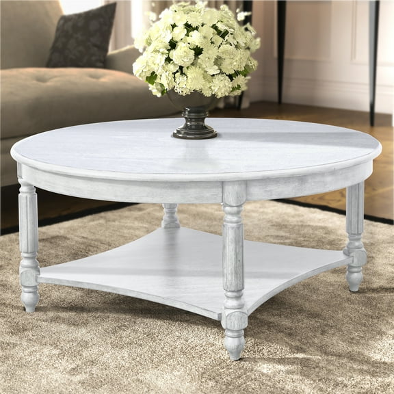 Galano Marcello Round Solid Wood Coffee Table with Lower Shelf, Traditional, Anti-White Finish