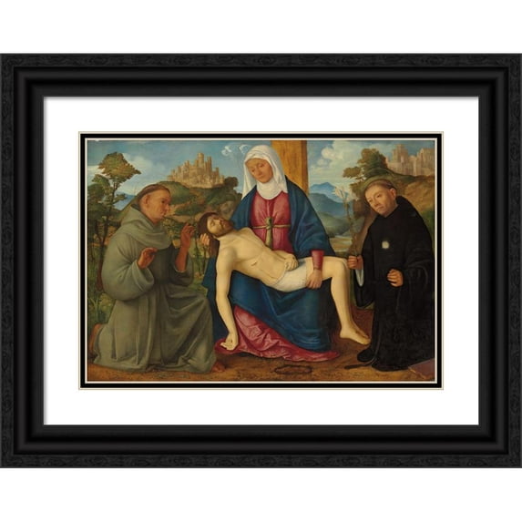 Marcello Fogolino 24x18 Black Ornate Framed Double Matted Museum Art Print Titled: The Pieta with Saints Francis and Nicholas of Tolenti
