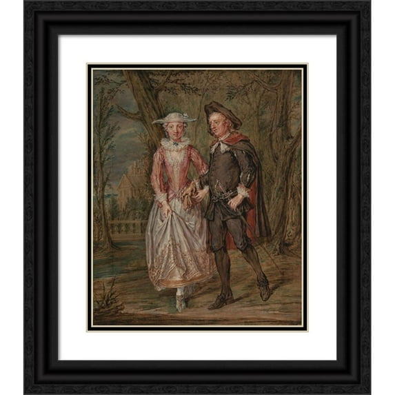 Marcellus Laroon the Younger 20x24 Black Ornate Framed Double Matted Museum Art Print Titled: Lovers in a Park (ca. 1745)