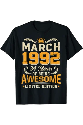 March 1992 Vintage 34 Years Awesome 34th Birthday Mar T-Shirt, Unisex T-Shirt