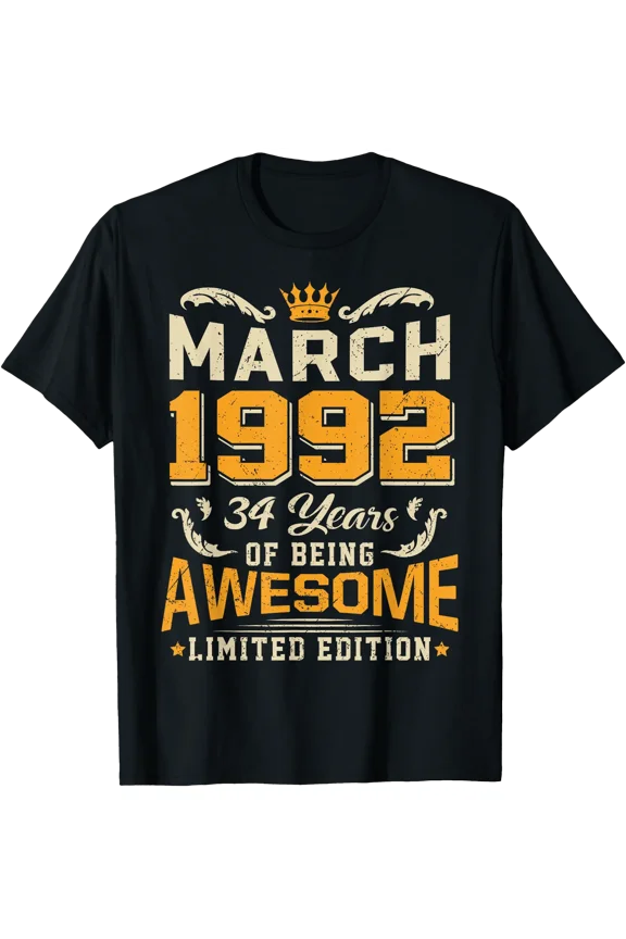 March 1992 Vintage 34 Years Awesome 34th Birthday Mar T-Shirt