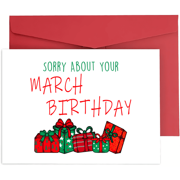 March Birthday Card  "Sorry About Your March Birthday" with Gift Boxes Design  Envelope Included, Blank Inside  Fun Greeting for March Birthdays