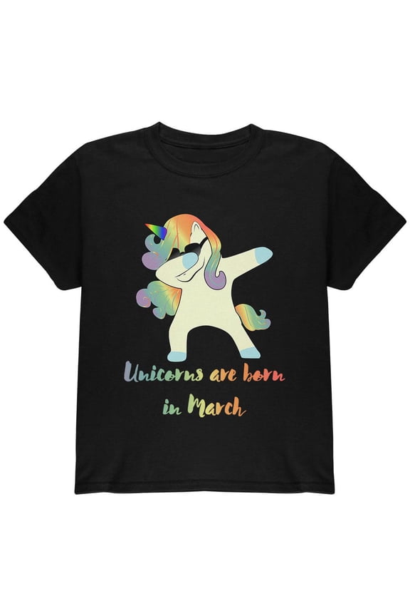 March Birthday Dabbing Unicorn Sunglasses Youth T Shirt Black YLG