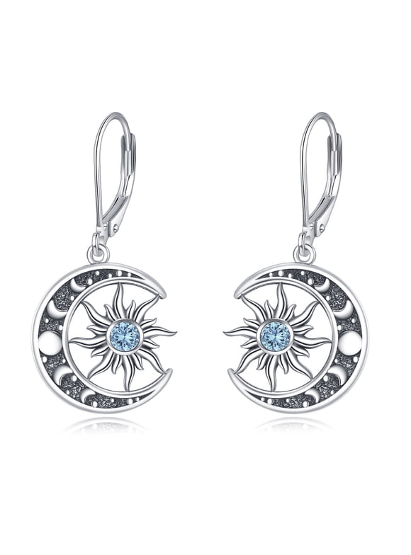 March Birthstone Earrings 925 Sterling Silver Birthstone Dangle Earrings Sun Moon Jewelry Gifts for Women