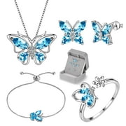 JUWALIY March Birthstone Jewelry Set Blue Butterfly Aquamarine Fine Necklace/Earrings/Ring/Bracelet 925 Sterling Silver Valentines Birthday Christmas Mother's Day Gift for Women