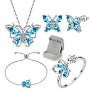 JUWALIY March Birthstone Jewelry Set Blue Butterfly Aquamarine Fine Necklace/Earrings/Ring/Bracelet 925 Sterling Silver Valentines Birthday Christmas Mother's Day Gift for Women