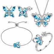 March Birthstone Jewelry Set Blue Butterfly Aquamarine Necklace/Earrings/Ring/Bracelet Sterling Silver Fine Jewelry Women Girls Birthday Mother's Day Gifts