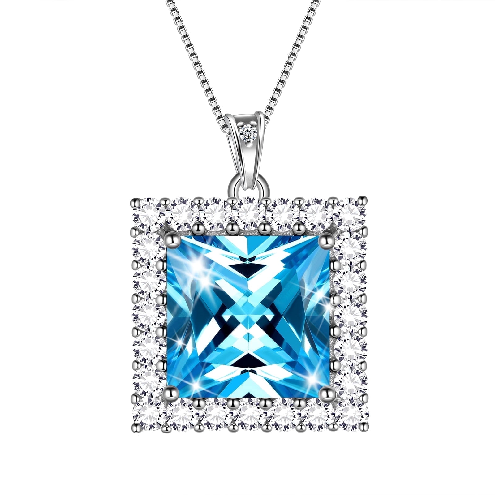 6 Carat March Birthstone Necklace Aquamarine Pendant Princess Cut Blue CZ 925 Sterling Silver Jewelry Women Birthday Xmas Mother's Day Gifts Juwaliy