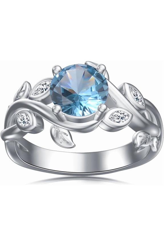 March Birthstone Ring Sterling Silver Aquamarine Leaf Ring Promise Ring for Her Round Shaped 6 MM Gemstone Branch Statement Ring Birthday Jewelry Gift for Women Size 8