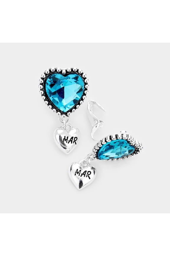 March Birthstone-clip on 1 1/2" silver and turquoise stone heart earrings with dangle heart