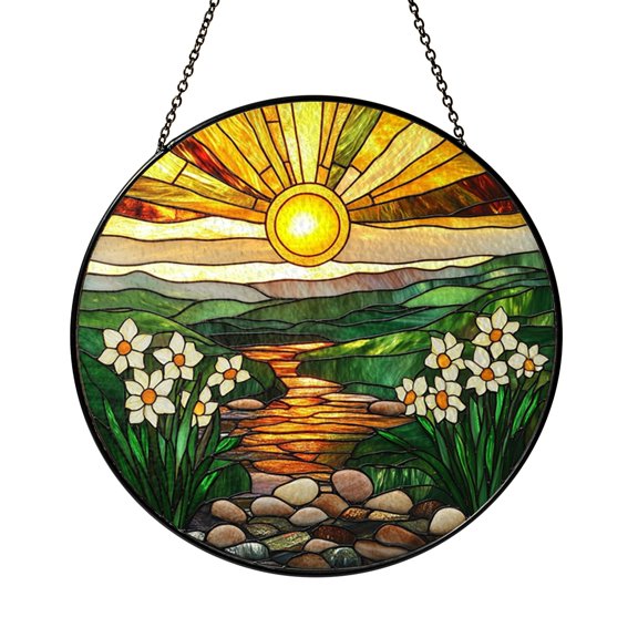 March Daffodil Birth Flower Sunrise Glass Suncatcher for Windows, Cheerful Floral Decor