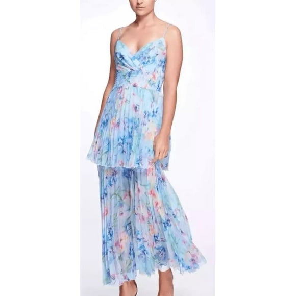 Marchessa Notte BLUE Women's Sleeveless Crinkle Chiffon Tiered Dress, US 2