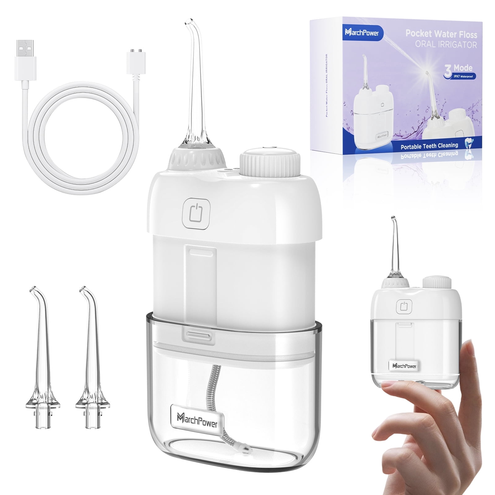 Marchpower Mini Water Flosser, 3 Cleaning Modes Portable Water Flosser with Retractable Water Tank , IPX7 Waterproof Oral Care for Teeth Cleaning