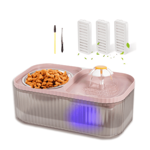 Marchul 3L Cat Water Fountain & Stainless Steel Food Bowl, BPA-Free, 3 Replacement Filters, Pink