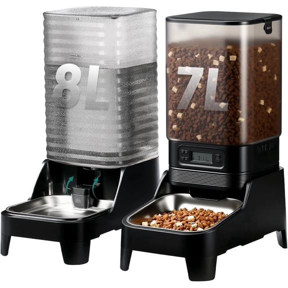Marchul 7L Automatic Dog Feeder Large Breed and 8L Automatic Gravity Pet Water Dispenser with Patented Faucet, Stainless Steel Bowl, Adjustable Elevated Base, Battery Operated, Timed Cat Feeder
