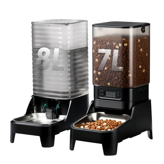 Marchul 7L Timed Automatic Cat Feeder with 8L Water Dispenser, Stainless Bowl & Patented Anti-Splash Faucet, 96 Portions 6 Meals Daily for Multi Dogs & Cats