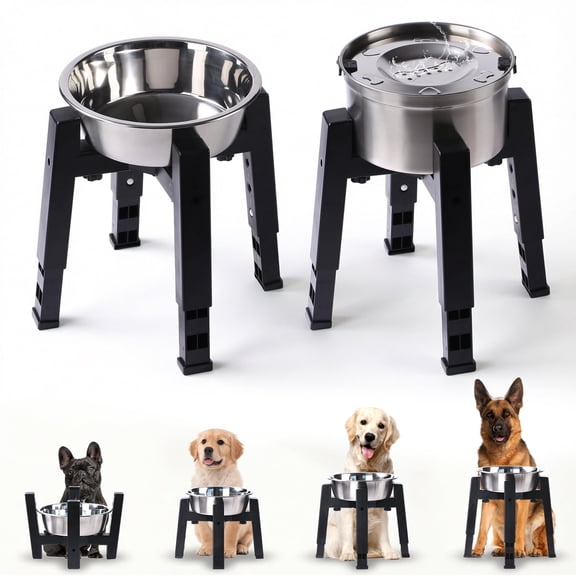 Marchul Adjustable Raised Dog Bowl Stand with Stainless Steel Food Bowl & Water Bowl, Elevated Dog Feeder Adjust Width & Height for Small Medium Large Dogs
