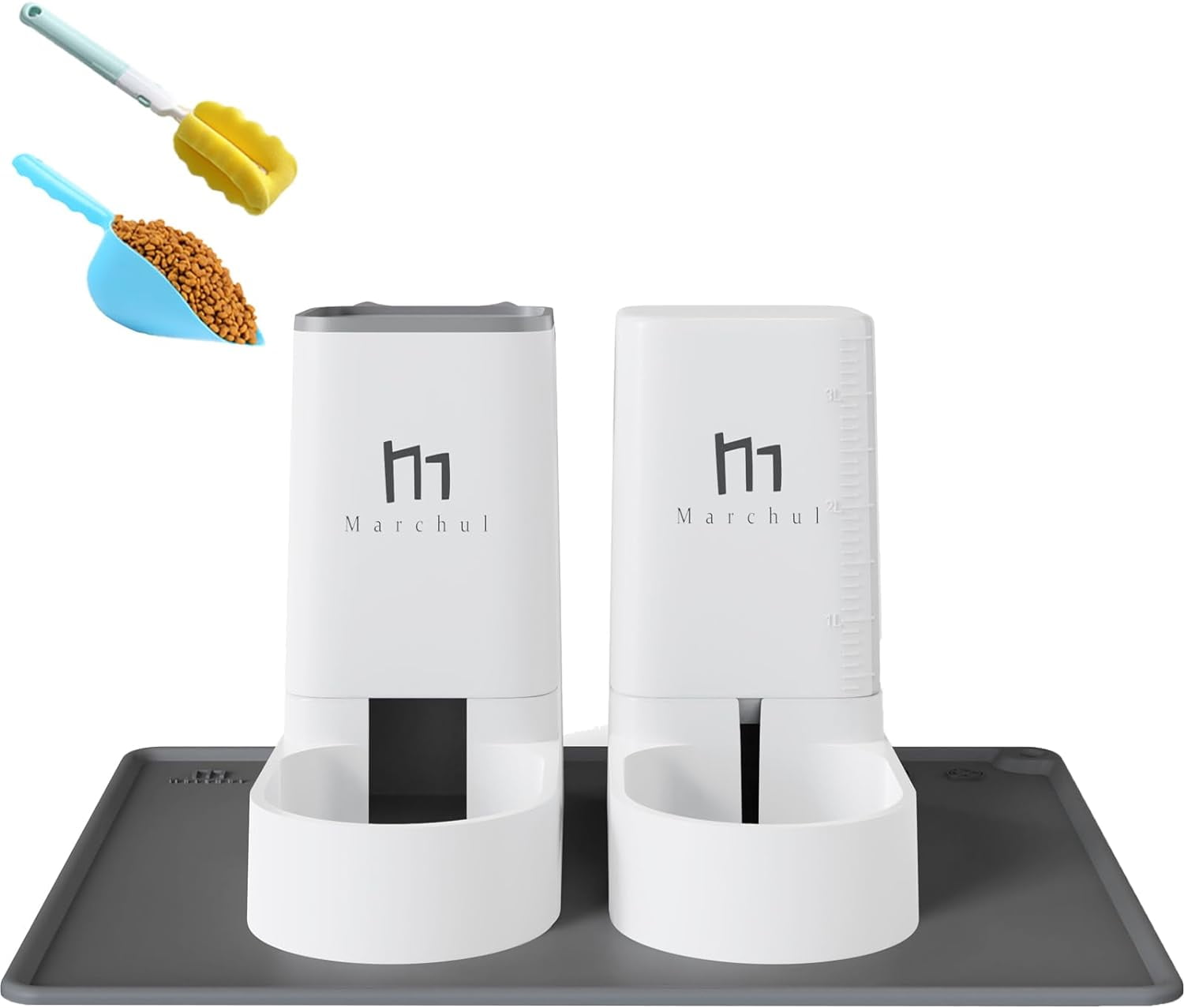Marchul White Plastic Automatic Pet Feeder and Water Dispenser Set