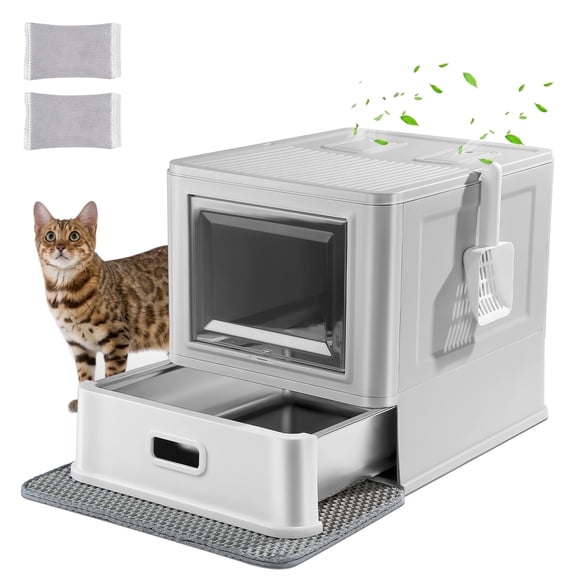 Marchul Enclosed Stainless Steel Cat Litter Box with Lid & Drawer, Anti-Leakage Baffle, Includes Scoop & Mat for Indoor Cats