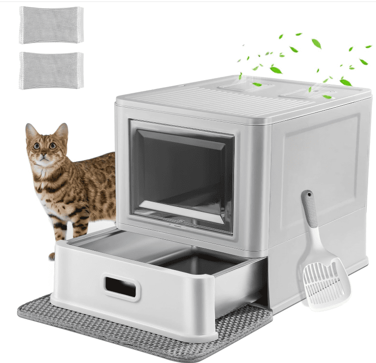 Marchul Enclosed Stainless Steel Cat Litter Box with Lid & Drawer, Anti-Leakage Baffle, Includes Scoop & Mat for Indoor Cats