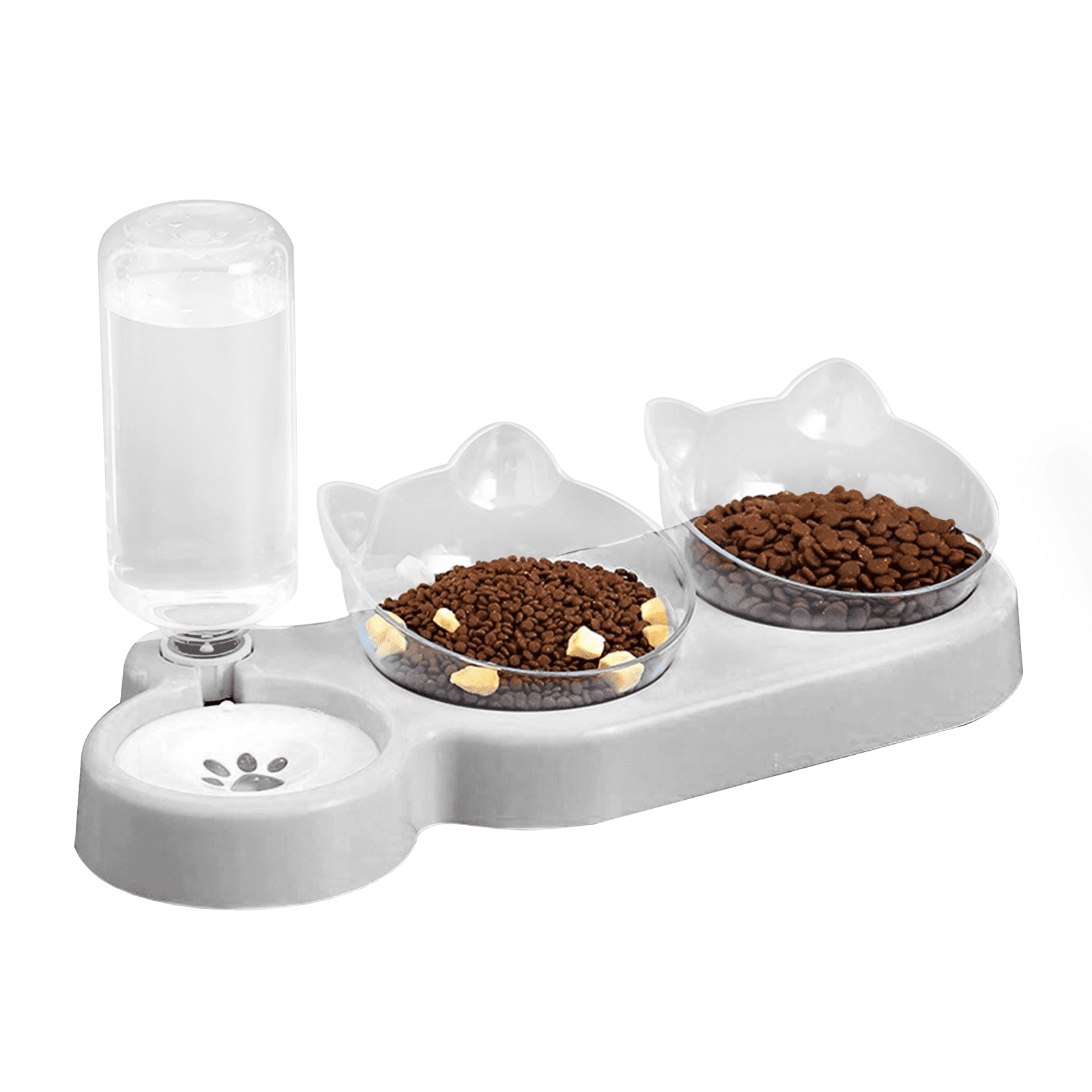 Gray Elevated Cat Feeding Station with Stainless Steel Water Bottle