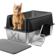 Marchul Stainless Steel Cat Litter Box XL, High Wall Anti-Leakage Pan with Scoop and Mat, Black for Multi-Pet Households