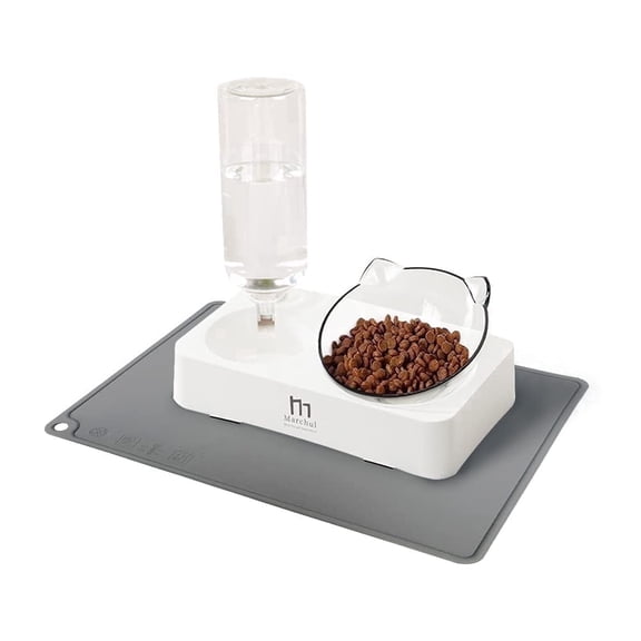 Marchul Tilted Raised Cat Food Bowl and Gravity Water Bottle,  Elevated Cat Dish with Non-Slip Feeding Mat for Cats Kitten