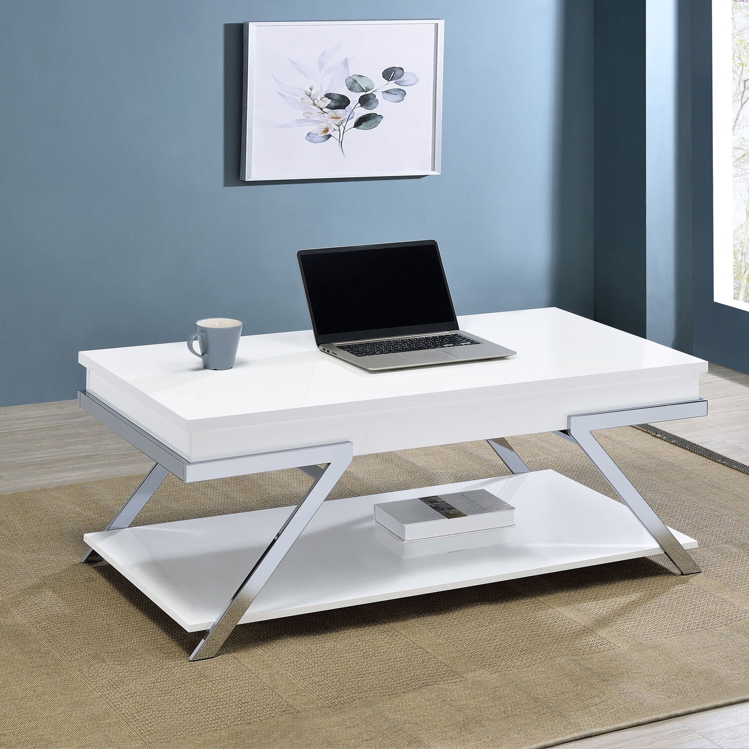 White High Gloss Rectangular Lift-Top Coffee Table with Storage