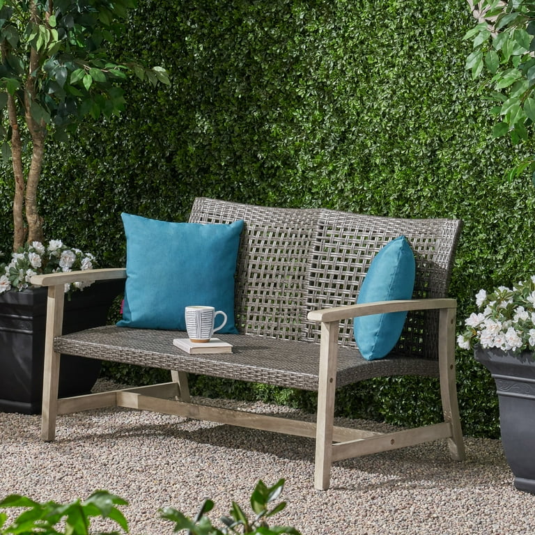 Marcia Outdoor Wood and Wicker Loveseat Light Gray Finish with Mix Black