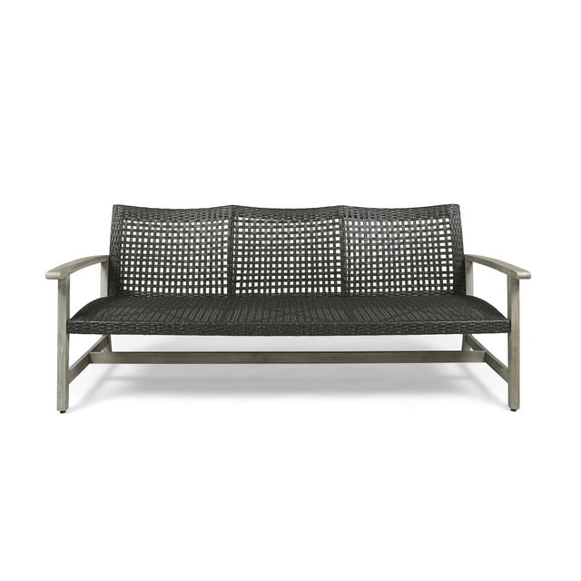 Marcia Outdoor Wood and Wicker Sofa, Light Gray Finish with Mix Black Wicker