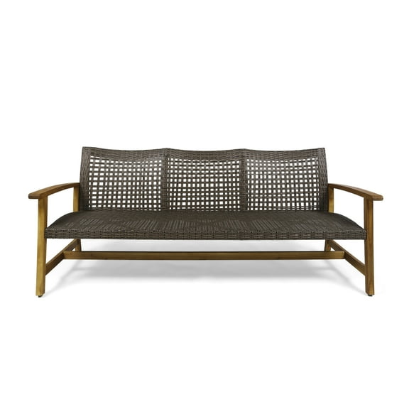 Marcia Outdoor Wood and Wicker Sofa, Natural Finish with Mix Mocha Wicker