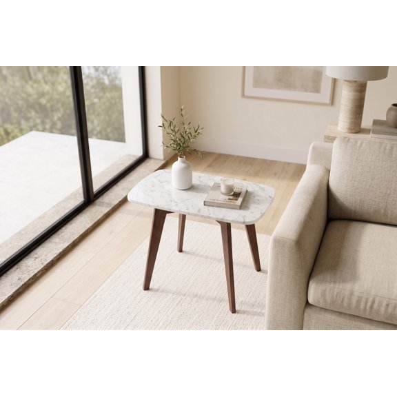 Marco 12" x 21" Rectangular Italian Carrara White Marble End Table with Walnut Legs