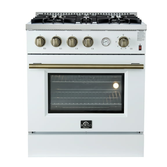 Marco 30-inch Gas Range White & Antique Brass Design, 4 Burners 37,000 BTU, 4.32 cu.ft. Convection Oven