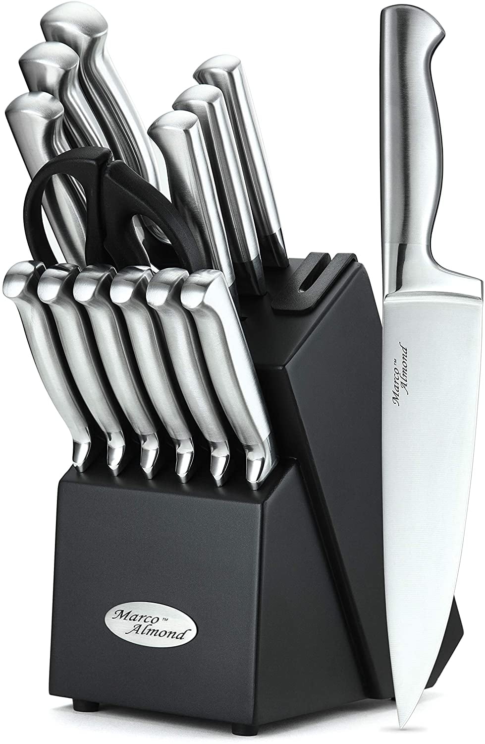 Marco Almond KYA28 14-Piece Stainless Steel Cutlery Kitchen Knife Set with  Block,Built-in Sharpener 