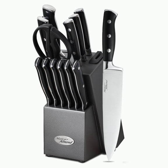 Marco Almond® KYA31 Stainless Steel Knives Set,14 Pieces Cutlery Set Kitchen Knife Sets in Hard Wood Block with Built in Sharpener, Full Tang Knife Block Set Graphite Block