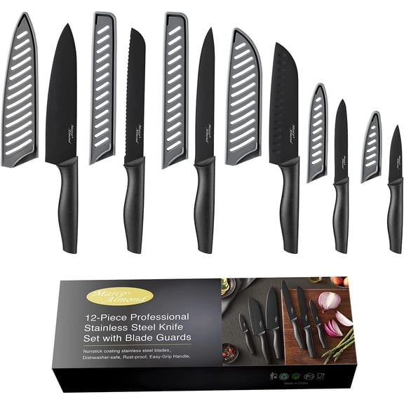Marco Almond KYA38 Non-Stick Coated High Carbon Stainless Steel Black Kitchen Knives Set with Sheath,6 Piece Set,Dishwasher Safe