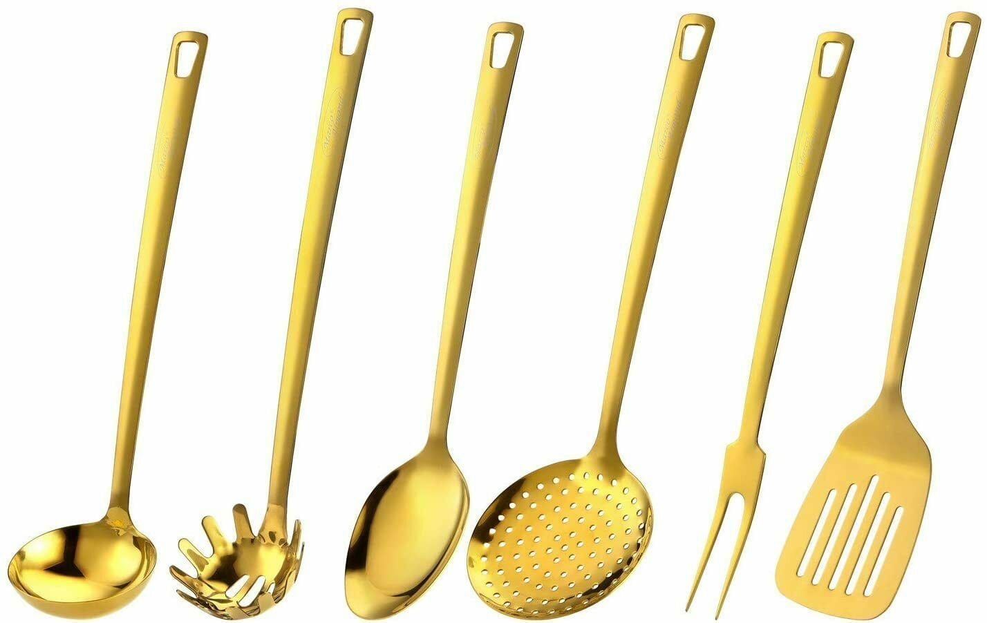 Marco Almond KYA51 6-Piece Golden Cooking Utensil Set Stainless Steel Utensils, Serving Spoon, Ladle, Skimmer, Fork
