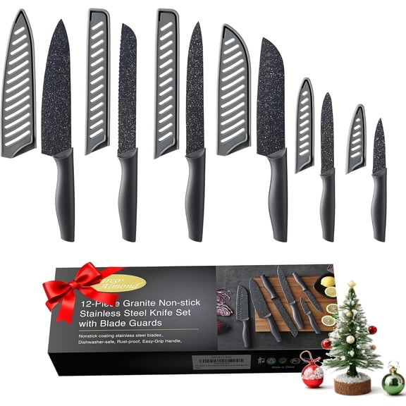 Marco Almond Kitchen Knife Set, KYA39 12-Piece Chef Knife Sets, 6 Knives with 6 Blade Guards, Stainless Steel Knives Set for Kitchen with Covers, Black