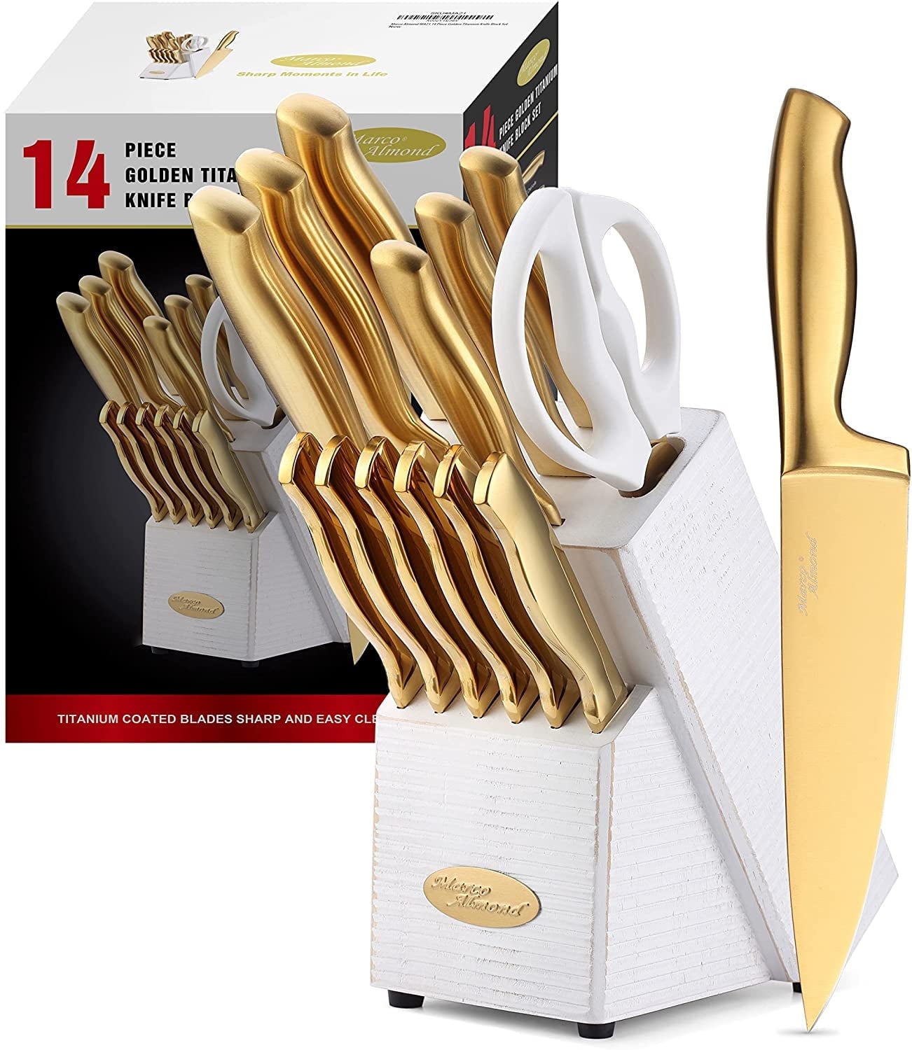 Marco Almond 14-Piece Golden Titanium Kitchen Knife Set with Block
