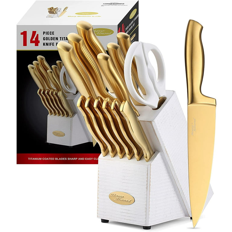 White and Gold Knife Set with Block Self Sharpening - 14 Piece Luxurious Titanium Coated Gold and White Kitchen Knife Set & Ashwood Wood Knife Block