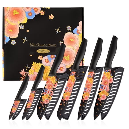 Marco Almond MA67 12-Piece Kitchen Knife Set, Colorful and Fashionable Coated Stainless Steel Knives with Blade Guards, 6 Knives with 6 Knives Sheath For Kitchen