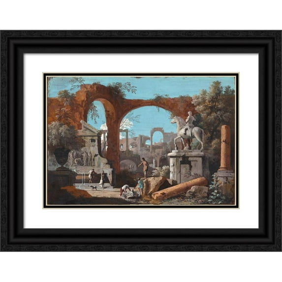 Marco Ricci 18x14 Black Ornate Wood Framed Double Matted Museum Art Print Titled - A Capriccio of Roman Ruins (1727-1729)