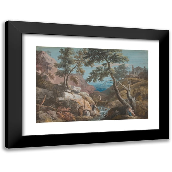 Marco Ricci 24x18 Black Modern Framed Museum Art Print Titled - Mountainous Landscape with Hermits (1676-1730)