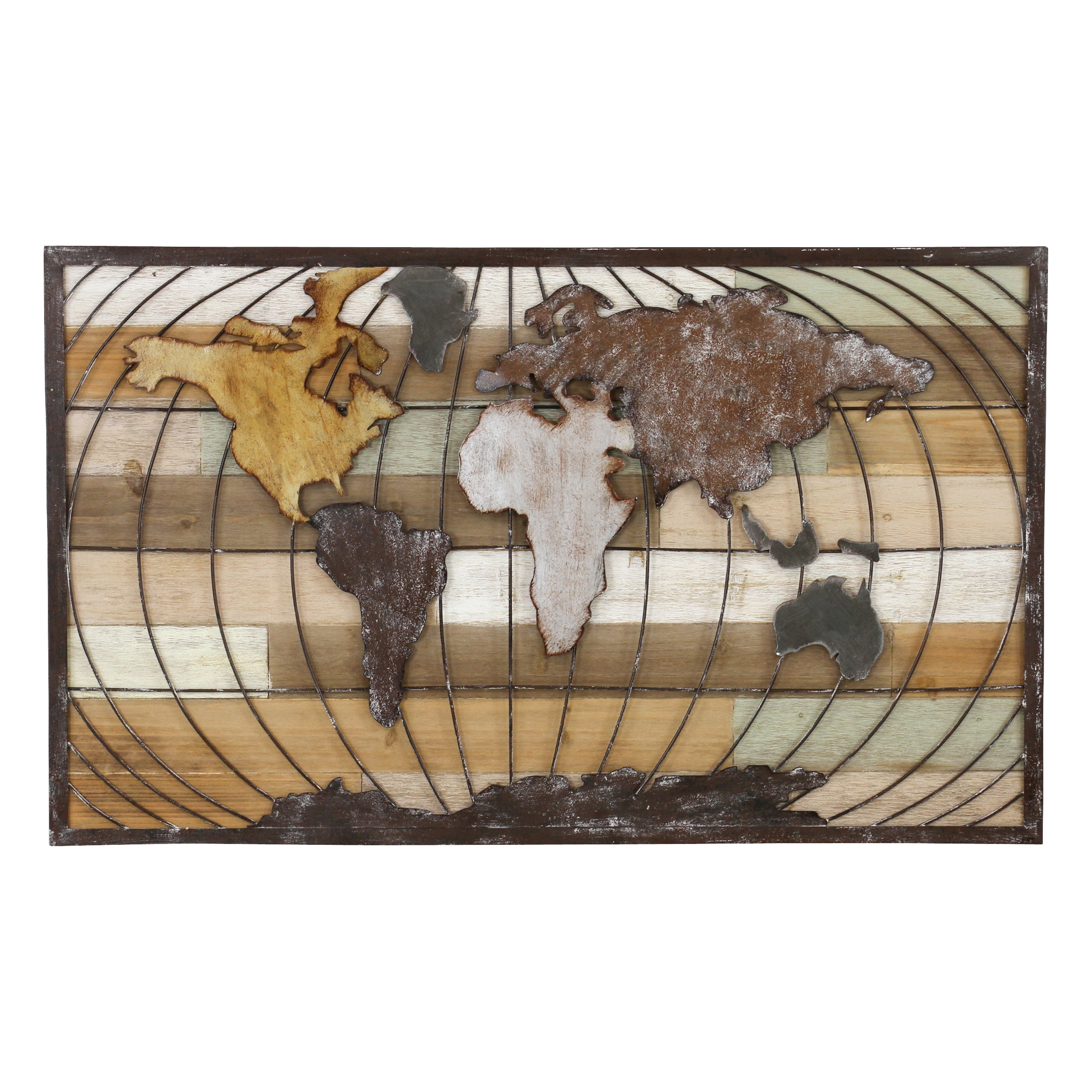 Rustic Brown Metal and Wood World Map Wall Decor