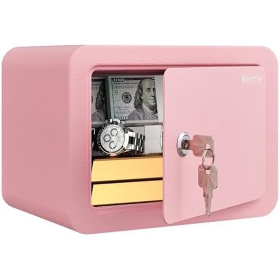 Marcree 0.23 Cubic Small Safe Box for Home, Mini Safes for Kids, Pink Safe with Key, Security Cabinet Safes with Cutting-edge Bending, Lock Box with Keys for Money Cash, 6.69x 9.06x 6.69 Inches, Pink